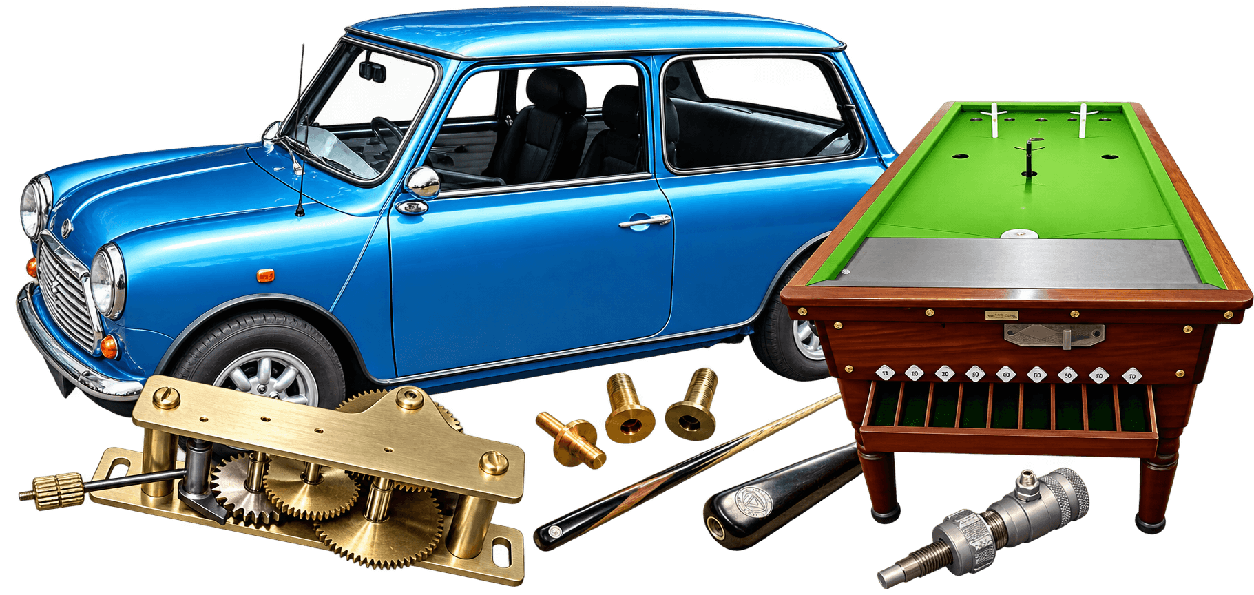 Main image with classic mini, bar billiards table, archery, cue making